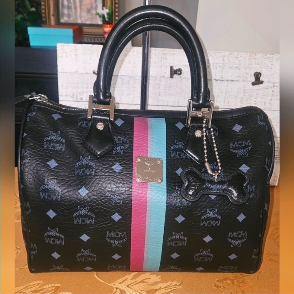 MCM Black Leather Boston Bag with Blue and Pink stripes